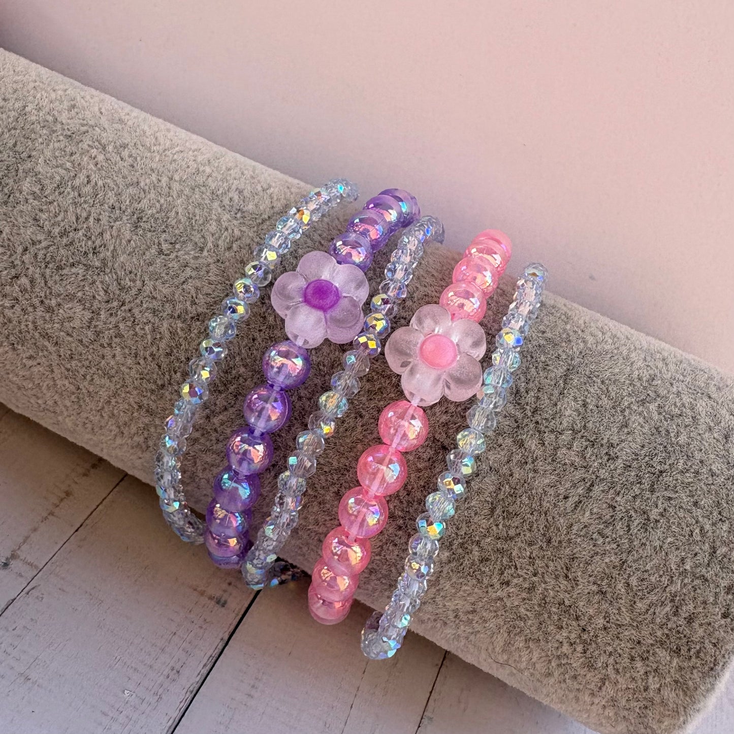 Pink & Purple Flower Stackable Beaded Bracelet