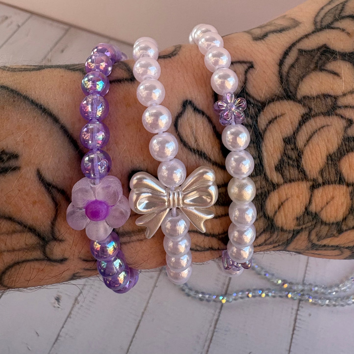 Pink & Purple Flower Stackable Beaded Bracelet